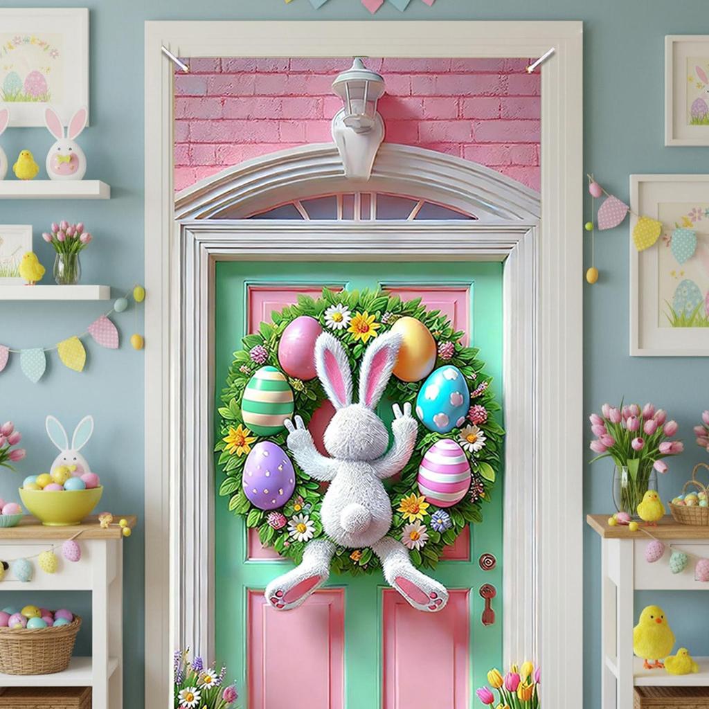 Easter Bunny Egg Door Cover Cute Happy Spring Home Decor Easter Door Decorations for Thanksgiving Birthday Party Offices Home