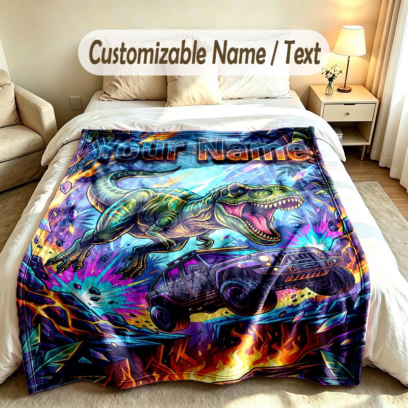 Dinosaur Theme Soft Blanket Personalized Custom Name Text Print Warm Blanket Home Sofa Bedroom Decor