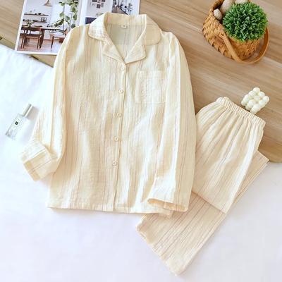 Frühling und Herbst, neues Pyjama-Set im japanischen Stil, 100 % Baumwolle, gestreift, lange Ärmel und Hose, zweiteiliges Set, dünne Heimkleidung