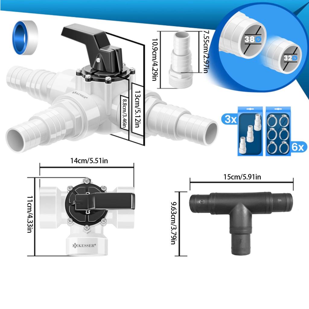 12pc Sand Filter Accessories With 3 Way Pool Bypass Valves ABS Adapters And 6 Metal Clamps Suitable For Pool Maintenance