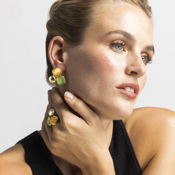 Boucles d'oreilles - Œil-de-chat multicolores - Plaqué or 18 ct - Laiton - Femme