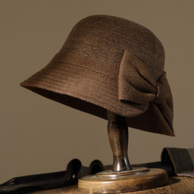Hat Lady Autumn and Winter Middle-aged Elegant Bow Woolen Top Hat Fashion Thermal Basin Hat Versatile Bucket Hat