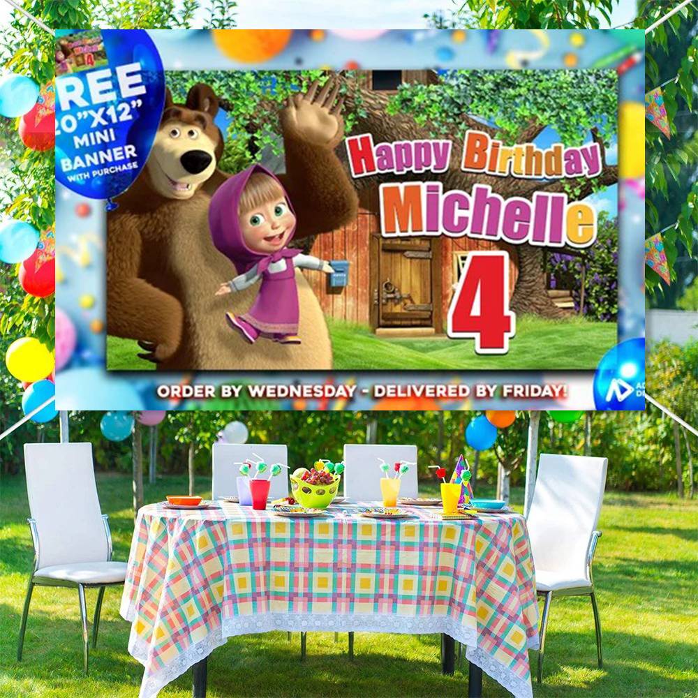 Cartoon M-Masha And The B-Bear Photography Backdrop Summer Beach Background Cloth for Wedding Booth Digital Printed Seamless
