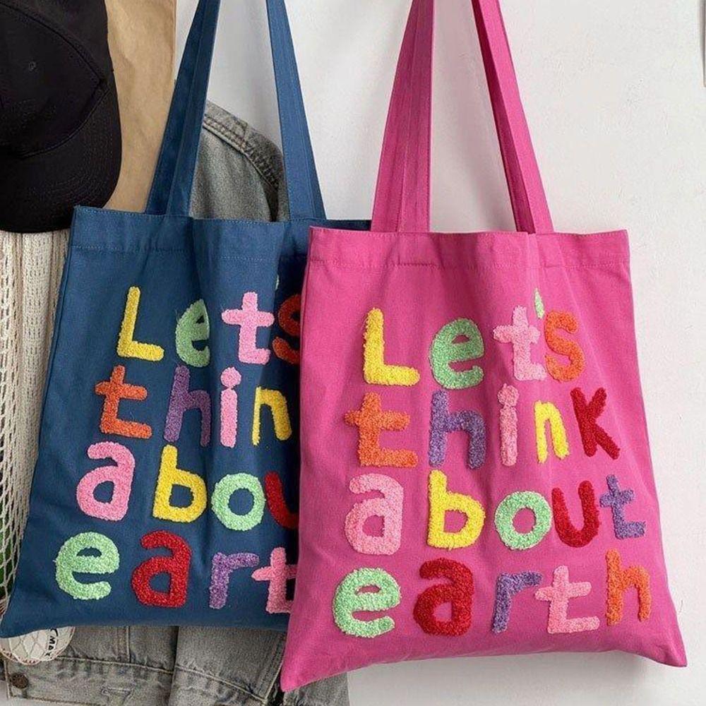 With Inner Bag Canvas Shopping Bag Colorful Letter INS Tote Bags Letter Embroidery Handbag  Women