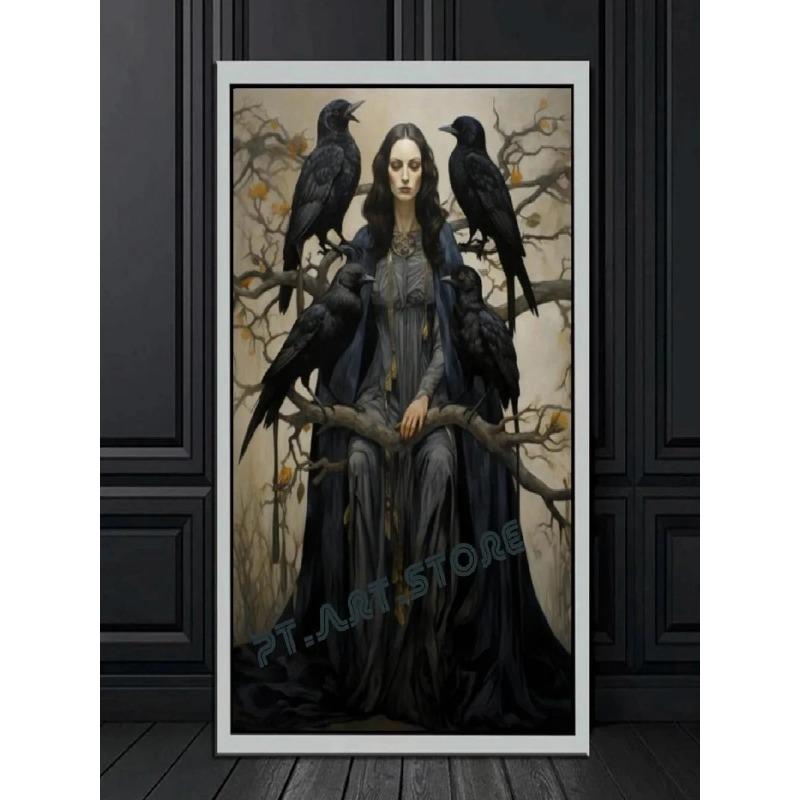 Gothic Dark Fantasy Wall Art  Crow Witch Retro Posters for Living Room  Halloween Horror Canvas Painting Print  Home Decor