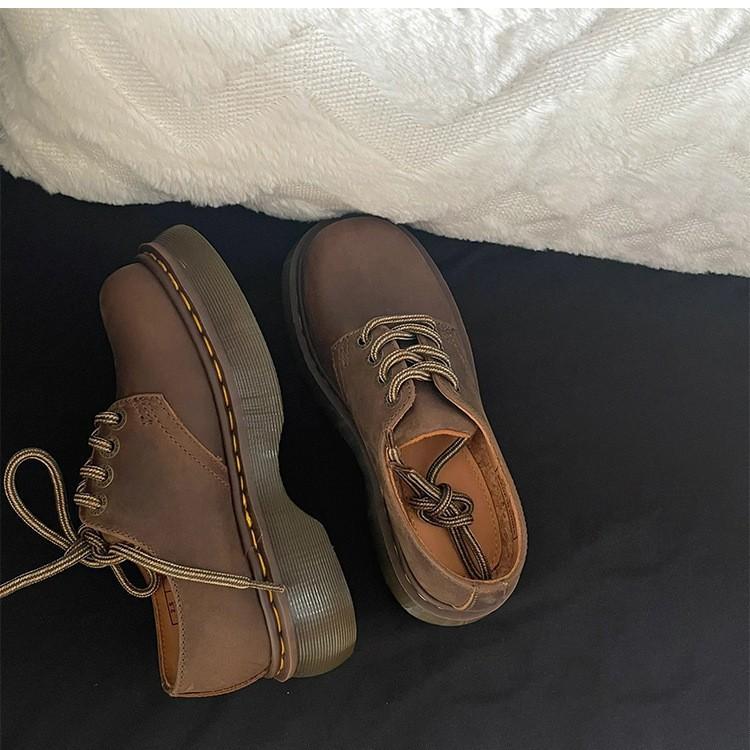 Sheepskin version~ Leather round head Crazy Horse brown Martin shoes British style small leather shoes women's platform muffin loafers single shoes
