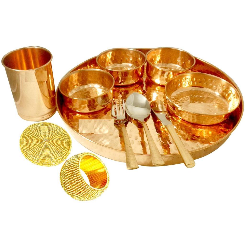 Pure Copper Hammered Traditional Design Dinner Thali Set, 11 Pieces