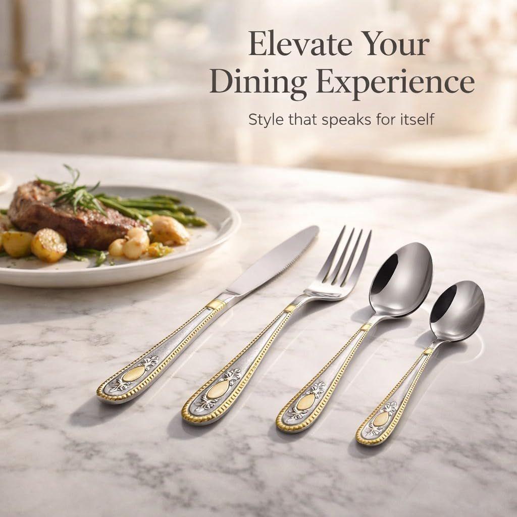 Stainless Steel Flatware Set Copper Silverware Set Rose Gold Spoon Color Cutlery Set of (Silver Gold, 8)