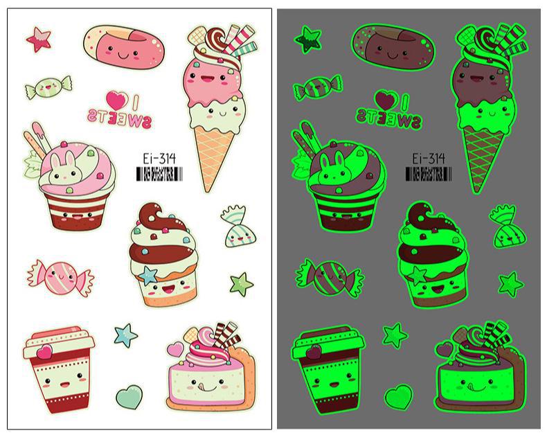 Luminous Cartoon Dessert Tattoo Stickers for Kids - Ice Cream, Donut, and Candy Themes