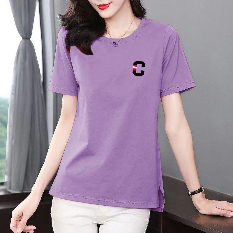 Summer Cotton Printing Letter Mid Length Version T-shirt Women High Quality Short Sleeve O-collar Loose Vent Lady Casual Top