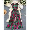Holiday Ins Wear Women's Fashion Fancy Sleeveless V-neck Lace Up Waist Trimming Printing Loose Wide Leg Pleated Jumpsuit