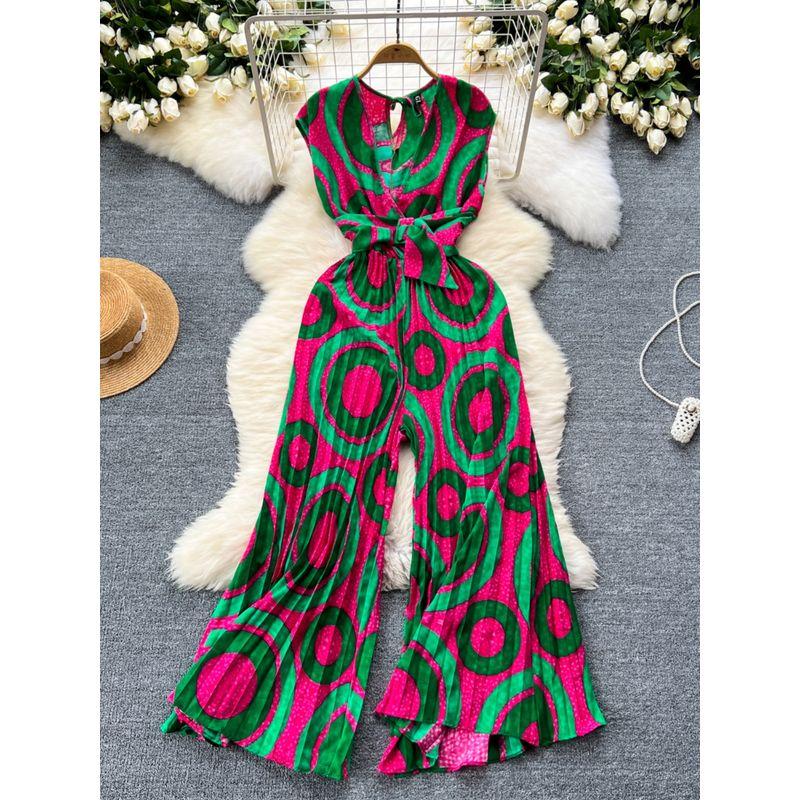Holiday Ins Wear Women's Fashion Fancy Sleeveless V-neck Lace Up Waist Trimming Printing Loose Wide Leg Pleated Jumpsuit