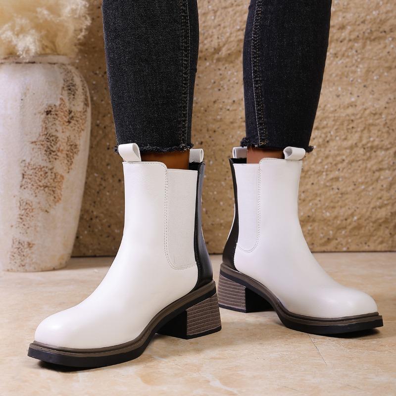 

Round Toe Booties New Sleeve Soft Sole Non-slip Block Heel Leather Shoes for Autumn and Winter 43