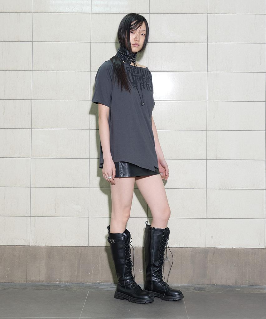 Yusentig Asymmetrical Print Off-Shoulder T-Shirt Dark Gray Aw6Me40413