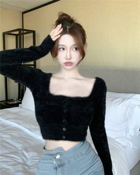 Pullovers Crop Tops Square Collor Women Knit Sweater Sweet Elegant Female Autumn Solid Color Female Sweater 1249₽
