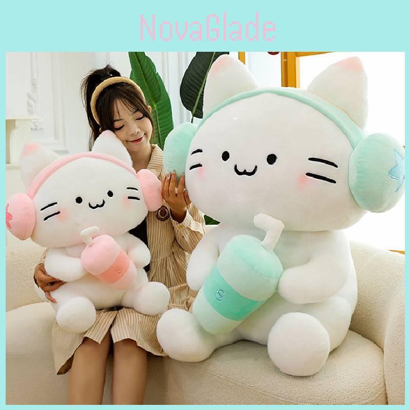 Adorable Cat Earphone Plush Toy Pillow For Kids Gift Soft Stuffed Doll In Pink And Blue Colors
