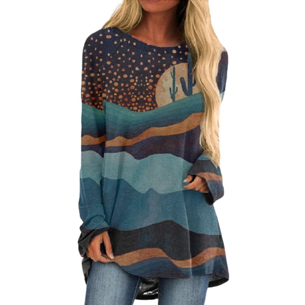 Cartoon Katzen Auf Die Baum Drucken T-shirt Langarm Frauen Tops Plus Größe Casual T-shirts 2XL 3XL Runde Beck Lose shirts Femme