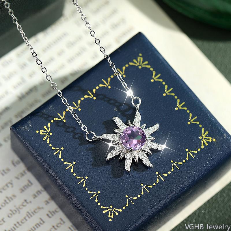 Elegant S925 Sterling Silver Sunflower Necklace, Inlaid Amethyst/Topaz Crystal, Fashion Starburst Choker Jewelry for Women