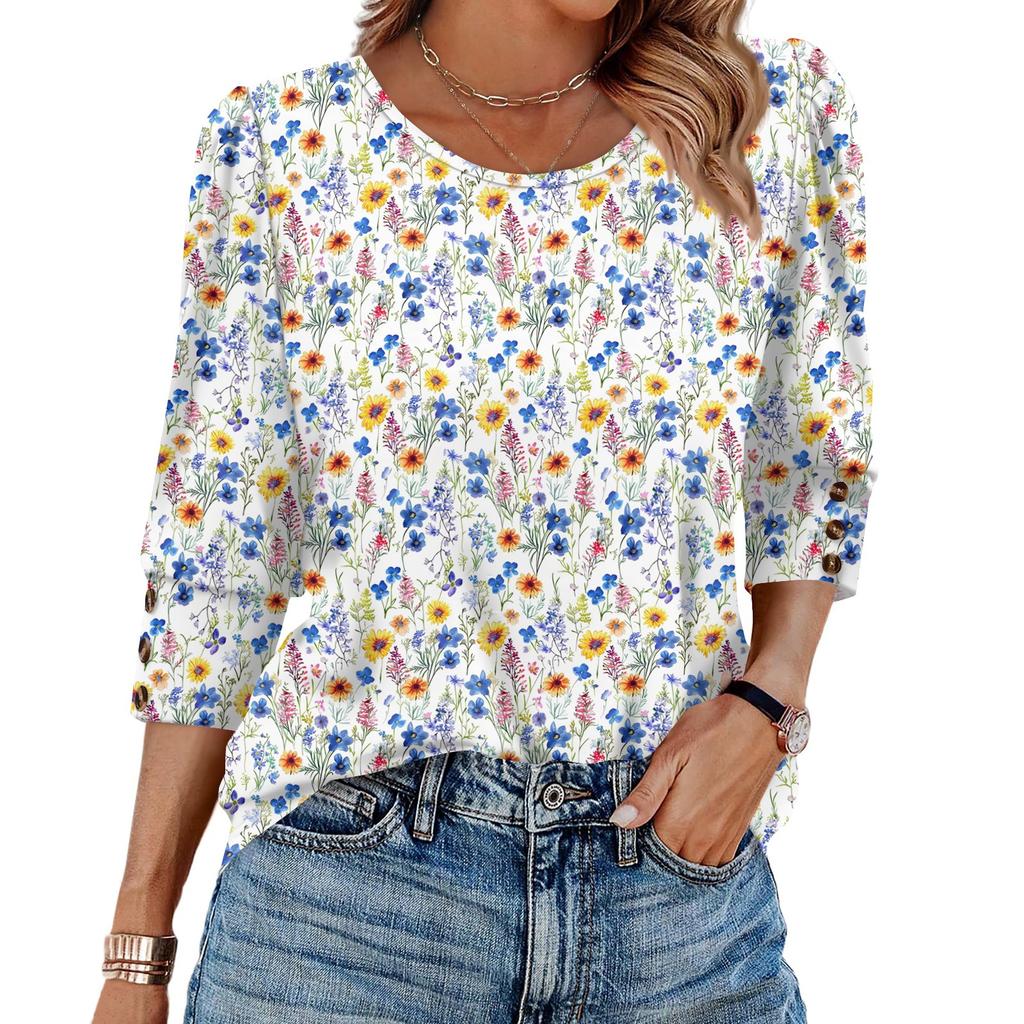 Womens Tops 3/4 Sleeve With Buttons Casual Blouses Summer Outfits Beach Vacation Clothes