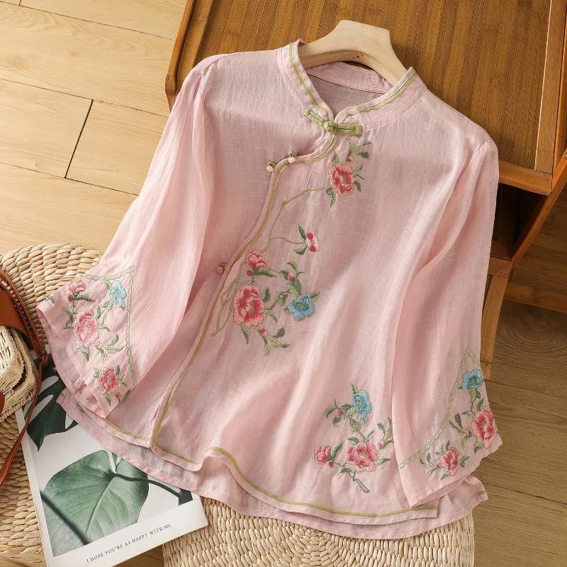 Cotton Linen Women's Shirt Summer Embroidery Chinese Style Blouses Vintage Short Women Tops Trend Loose Clothing