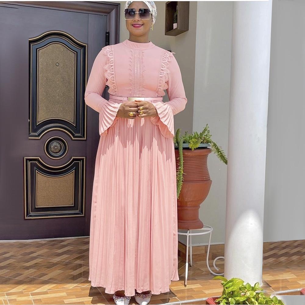 African Women's Muslim Long Sleeve Chiffon Pleated Skirt Dress with Belt