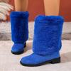 Women's Plus Size New European American Style Furry Patchwork Chunky Heel Round Toe Western Cowboy Knee High Boots