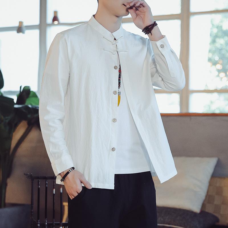 Spring and Autumn Men's Shirt Jacket Chinese Style Cotton Line Band Chinese Style Tang Long Sleeve Shirt Men's Performance Clothing