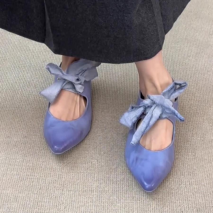 Sheepskin Version~ Retro Pointed Head Bow Ballet Single Shoes Lace-up Low-heeled Mary Jane Shoes Light Mouth Temperament Flats