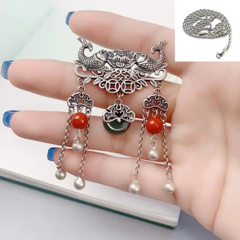 Exaggerated Ethnic Style 925 Sterling Silver Fish Lotus Pendant Necklace for Women with Safety Buckle