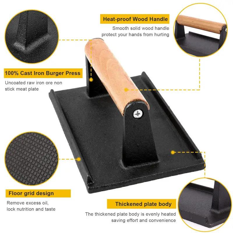 Wooden Handle Cast Iron Meat Press for Steaks and Hamburgers