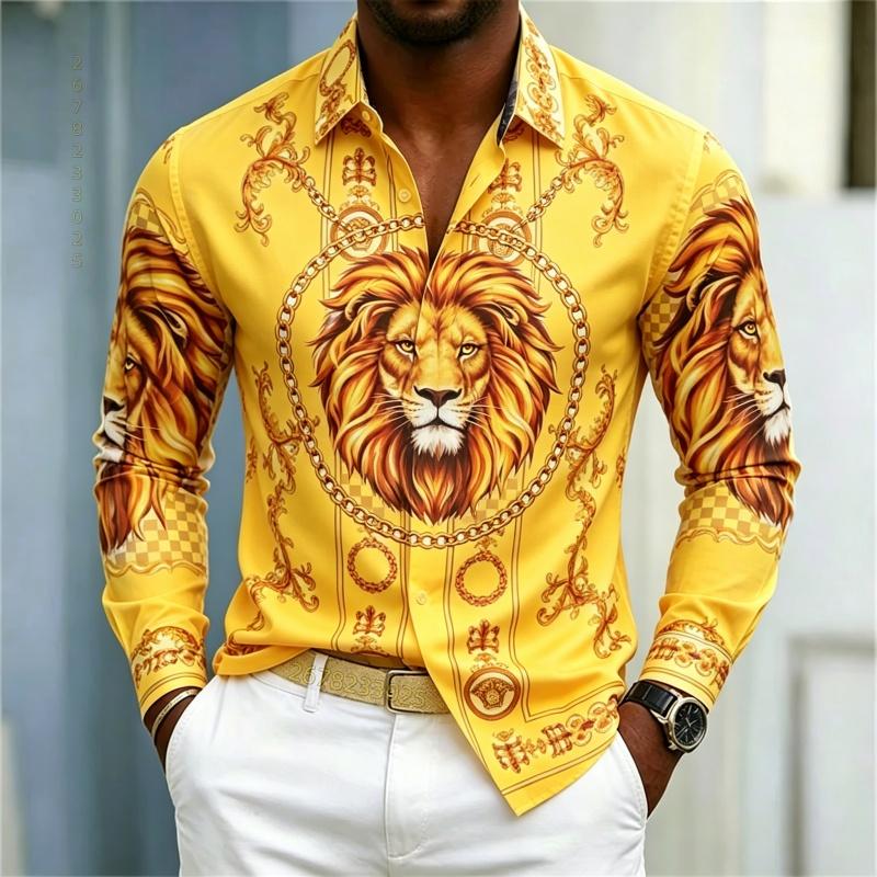 Men's shirt street style animal print shirt white base gilded chain men's slim fit trendy long sleeved business casual shirt