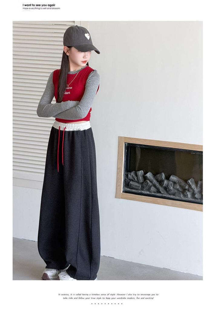 Girls' Autumn 2026 Color Block Wide-Leg Sweatpants - Casual Sports Pants for Middle & Older Children