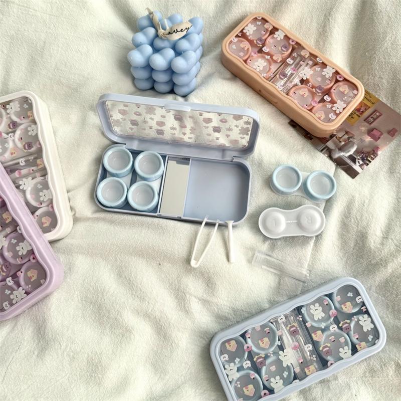 Cute Portable Cartoon Dog Bear Eye Contacts With Mirror Contact Lens Case Colored Lenses Container Box For Party Travel Set