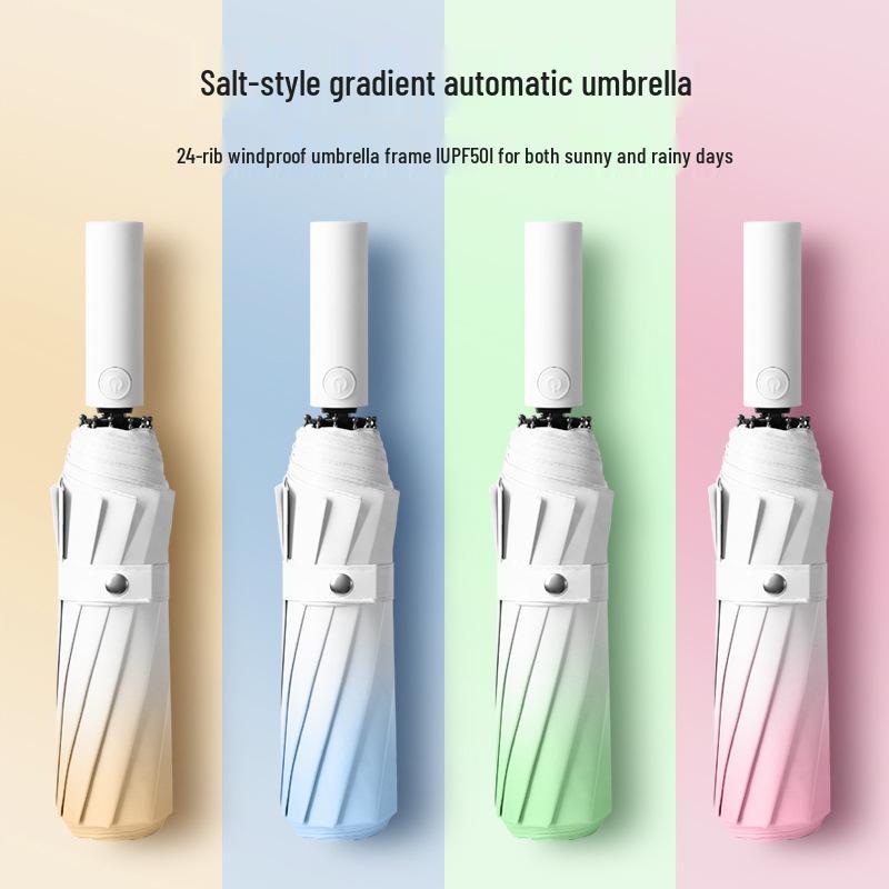 12-Rib Automatic Folding Gradient Sun & Rain Umbrella, Black Glue Anti-UV Protection