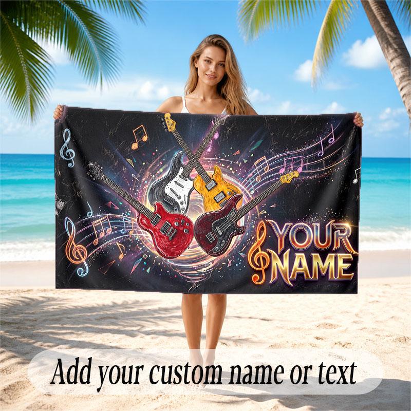 Music Guitar Theme Beach Towel Personalized Custom Name & Text Soft Quick Dry Beach Towel for Swimming Travel