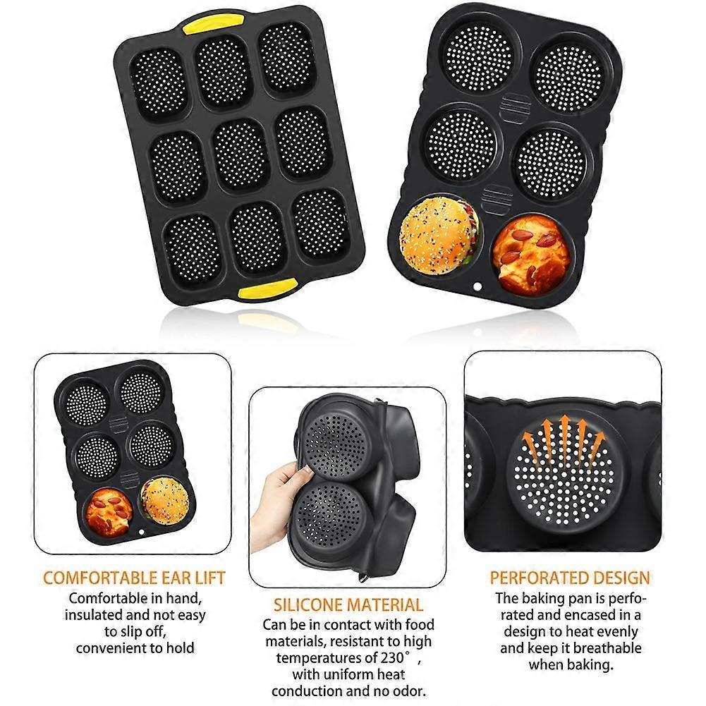 Silicone French Bread Pan and Hamburger Bun Pan Set with Spatula Nonstick 9 Cup Baking Tray 6 Cup Hamburger Bun Mold