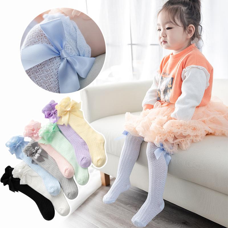 Newborn Baby Girls Socks for Kids Toddlers Girls Big Bow Knot Knee High Long Soft Cotton Summer Children Mesh Socks