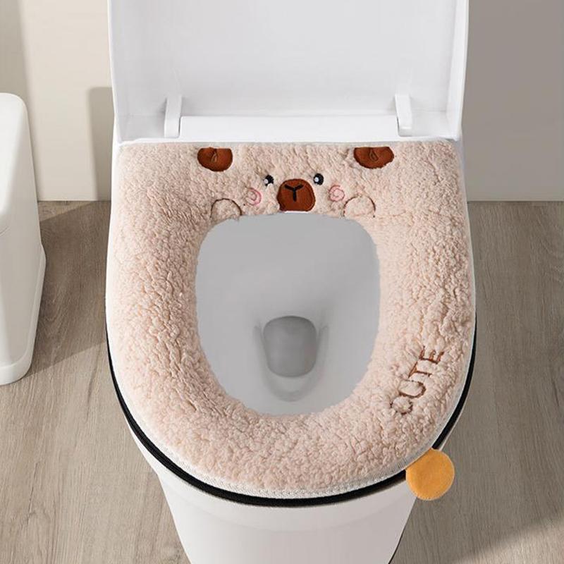 Winter Warm Toilet Seat Cover With Cartoon Bear Pattern Thicken Cushion Bathroom Essential Kids Friendly Cartoon Cover