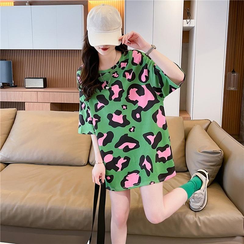 Korean Leopard Print Oversized Long T-shirts Fashion Large Size T-shirt Summer Women Green Y2k Tops Harajuku Hip Hop Streetwear