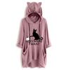 Women Casual Print Cat Ear Hooded Long Sleeves Pocket Irregular Top Blouse Shirt