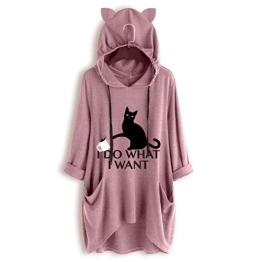 Women Casual Print Cat Ear Hooded Long Sleeves Pocket Irregular Top Blouse Shirt