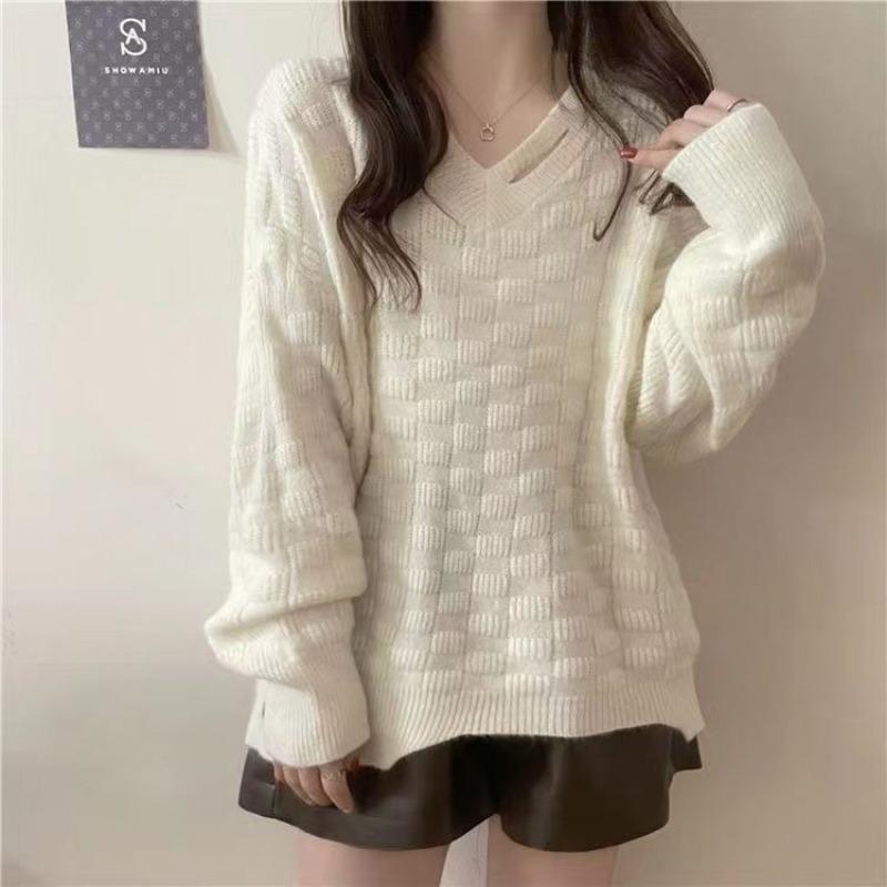 Autumn Winter V-neck Loose Casual Hole Sweater Women Solid Color Simple All-match Irregular Knitting Pullover Top