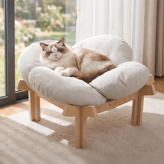 Pet Couch Sofa Elevated Wooden Cat Bed with Fluffy Removable Cushion, Petal Shaped Sofa, Raised Kitty Lounge Chair 40lbs Capacity, for Indoor