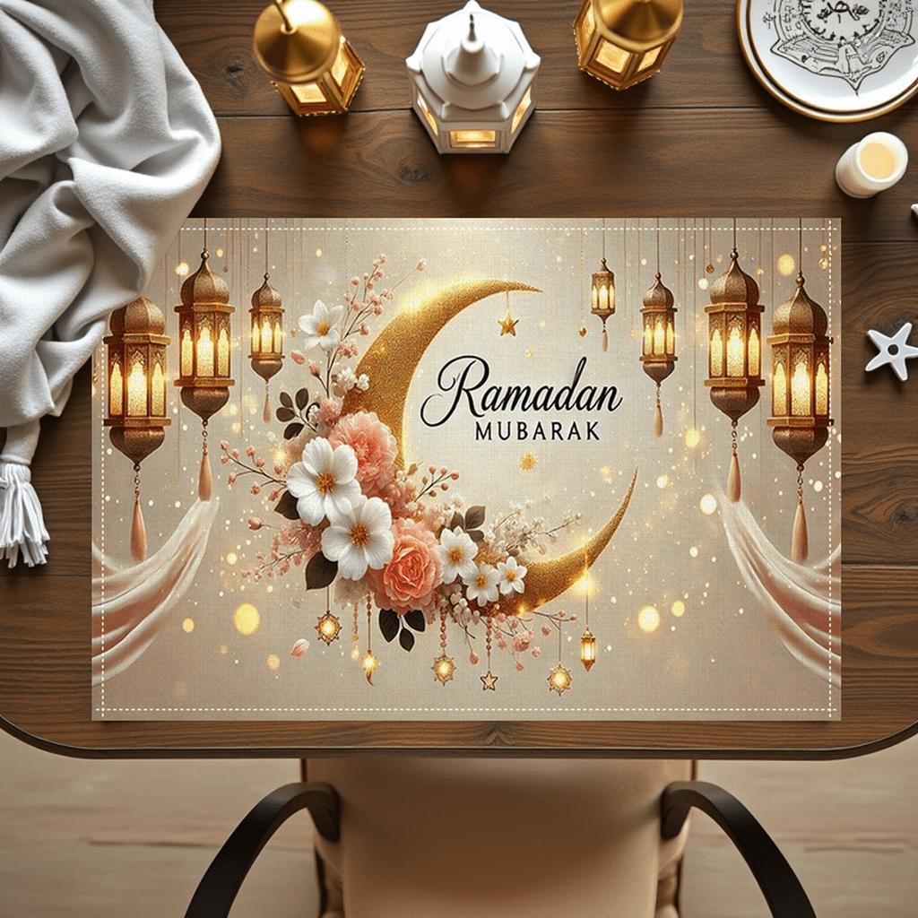 Ramadan Mubarak Leinen-Platzsets Feiertagsparty-Dekoration Goldene Mondlaterne Blumige Eid Al-Fitr Tischsets Ramadan-Dekorationen