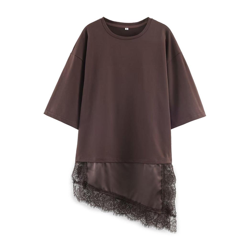 Damen Herbst-T-Shirt im europäischen Stil mit Spitzen-Patchwork, Rundhalsausschnitt, Kurze Ärmel