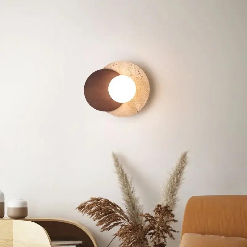 Luma Wabi-Sabi Yellow Travertine Stone Wood Round Wall Lamps for Dining Room Hallway Aisle Bedroom Bedside Background Stair