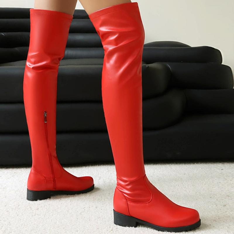 Elastic Women's Thigh High Boots Comfortable Low Heels Over-the-knee Boot Black Red White Long Fetish Shoes Ladies Large Size 48