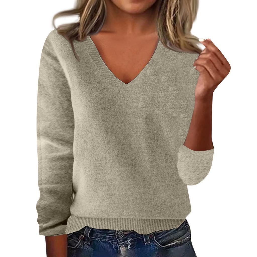 Women's Fashion Loose V-Neck Long Sleeve Bottom Shirt Top Knitted Sweater