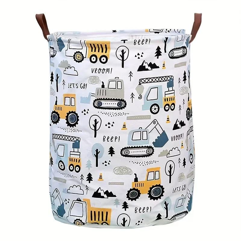

Large Capacity Foldable Hamper Cartoon Construction Vehicle Print Laundry Basket Portable Sturdy Home Organization For Kids Room 42x36cm білий