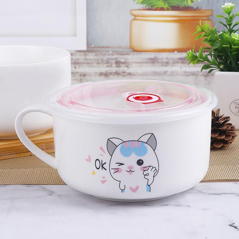 

ZISIZ Cartoon OK Cat Enamel Noodle Bowl with Handle and Lid - 3 Pack